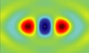 El electrón más externo de una molécula de nitrógeno es ubicado en torno a cada uno de los átomos (mostrados en rojo y naranja) y también contribuye a la unión entre ellos (mostrado en azul). Foto: Nature.