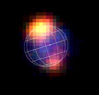 La imagen de Júpiter EPIC-pn tomada por el XMM-Newton , levemente borrosa, muestra la distribución de energías de rayos X: menores energías en rojo y la smás altas en azul. La retícula muestra la orientación y las líneas de latitud y longitud de Júpiter. (Branduardi-Raymont et al. 2004)