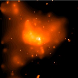 Imgenes de Sagitario A y Sagitario A* (la mancha blanca en el centro), en la banda de los Rayos X. La imagen fue obtenida por el Observatorio Chandra