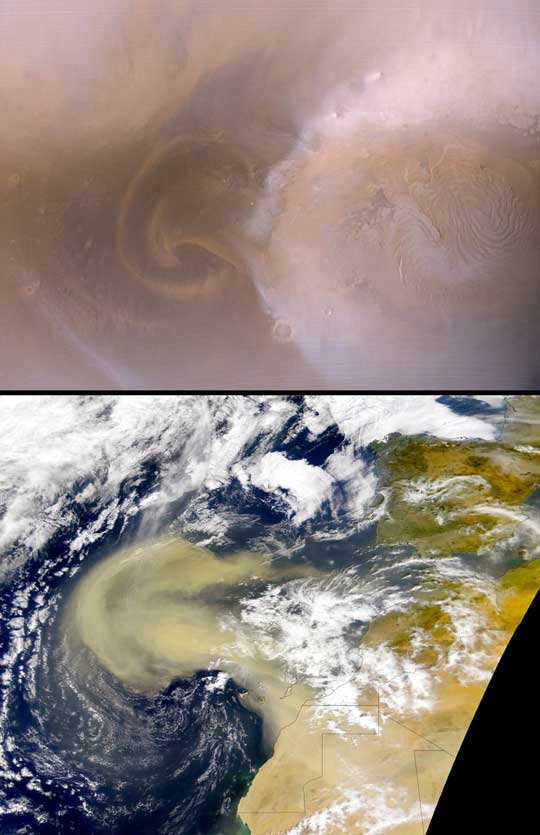 Comparación entre una tormenta de polvo marciana y otra terrestre
