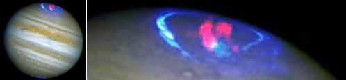 Una imagen compuesta de Júpiter, su anillo auroral brillando (azul), y un pulso polar septentrional de rayos-X (rosado). Gladstone anota: "Los rayos-X que nosotros detectamos son 'suaves', con energías menores a 1 keV y menos penetrantes que los rayos-X más leves que se usan en medicina". No representan daño alguno ni para los astronautas ni para los habitantes de la Tierra.