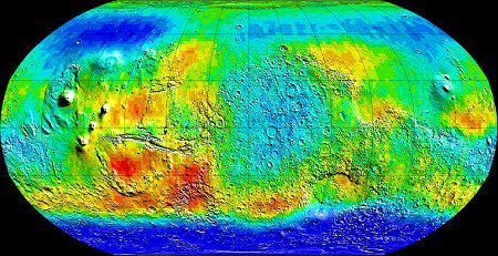 En este mapa de Marte, en colores simulados, las zonas del suelo enriquecido con hidrógeno se indican con un color azul oscuro. Fuente: el espectrómetro de neutrones a bordo de la sonda espacial 2001 Mars Odissey.