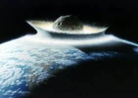 Muchos reportajes de una inminente colisión con 2002 NT7, de 2 kilómetros de ancho, publicados esta semana, fueron ilustrados con esta representación de un asteroide de 500 kilómetros de diámetro chocando con la Tierra. 