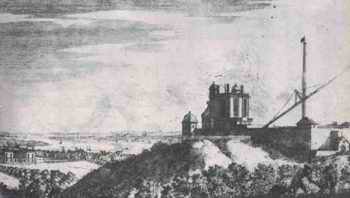 El Observatorio Real inmediatamente después de
construído 1676. Se puede observar la casa de la reina a la izquierda, en el valle.